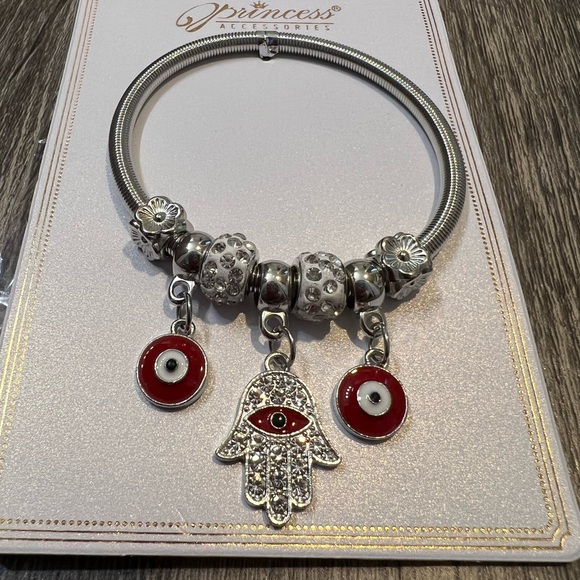 Princess Accessories Jewelry - Red Hamasa Hand Evil Eye Charm Bracelet NWT Princess Accessories Stackable
